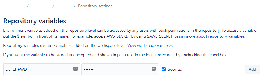 Скриншот настроек переменных репозитория Bitbucket