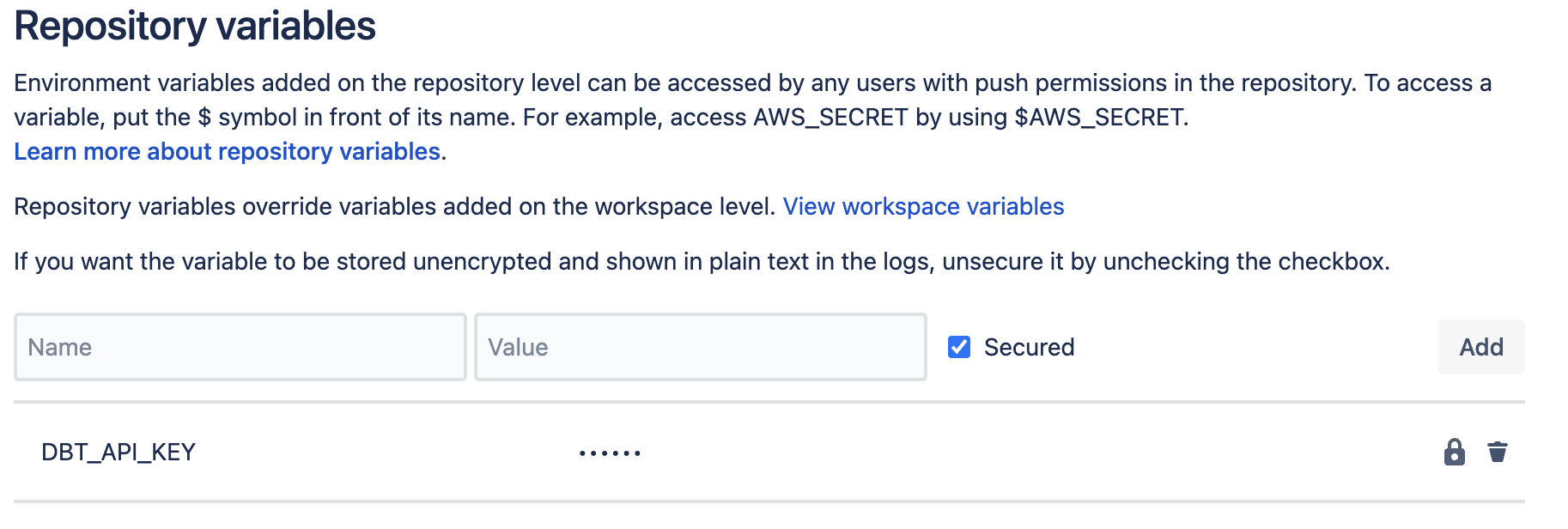 Вид окна Bitbucket для ввода DBT_API_KEY