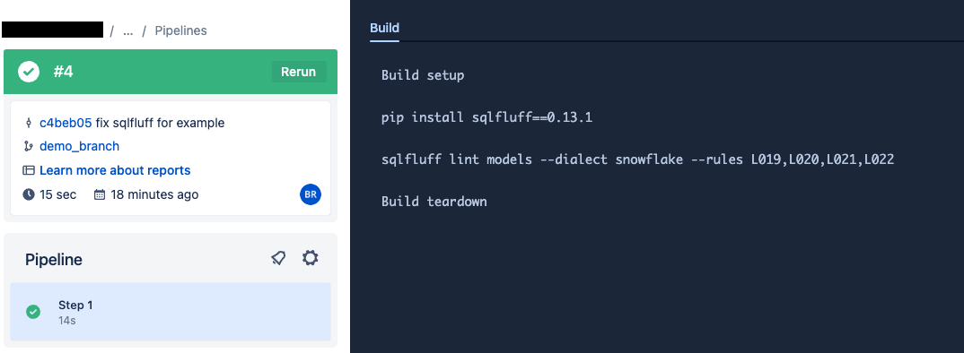 Изображение, показывающее действие Bitbucket для линтинга при push