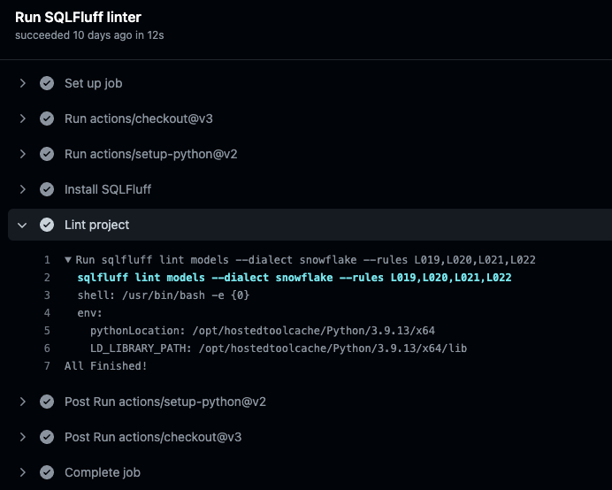 Изображение, показывающее логи в GitHub для выполнения SQLFluff