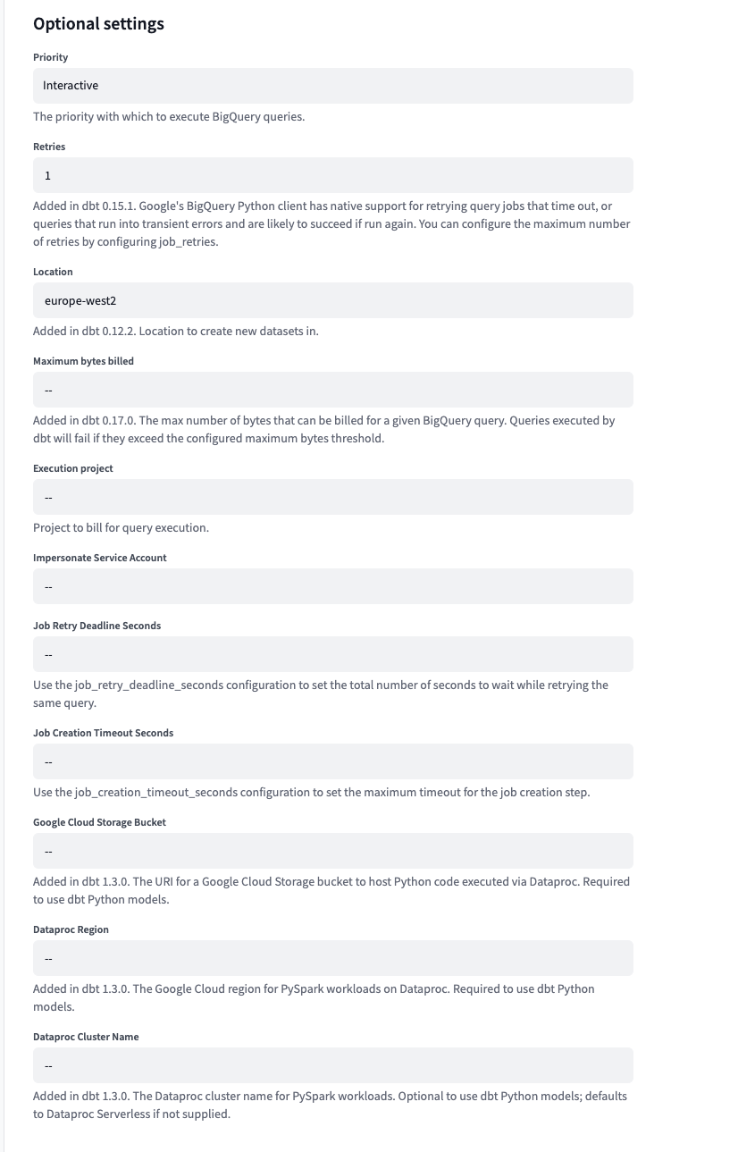 Необязательная конфигурация BigQuery Необязательная конфигурация BigQuery