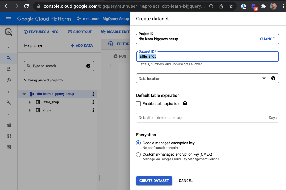 Создание ID набора данных Bigquery