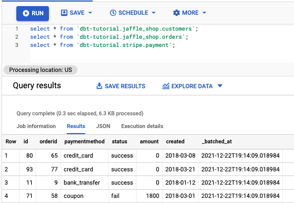 Результаты запроса Bigquery