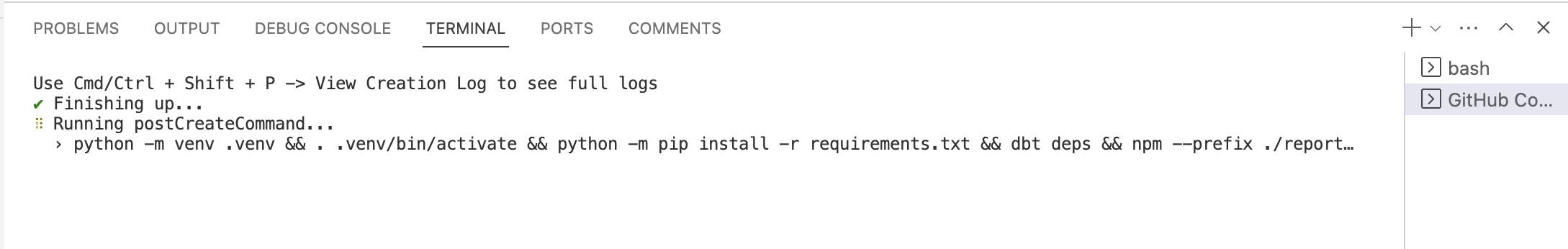 Подождите завершения postCreateCommand Подождите завершения postCreateCommand