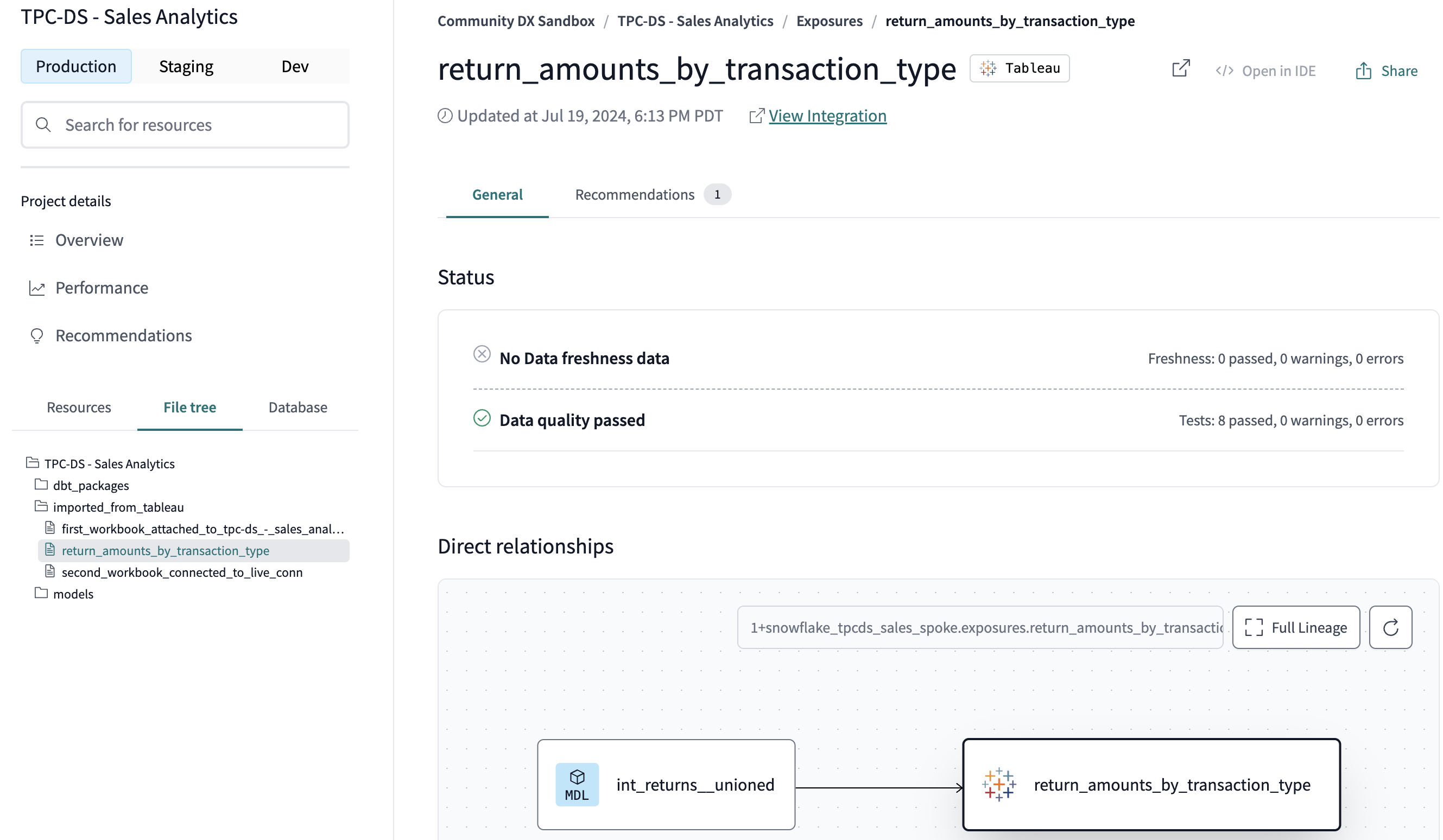 Просмотр из dbt Explorer в меню 'File tree'.