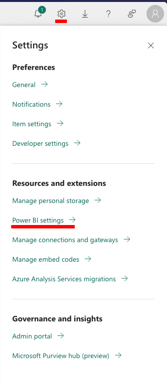 Переход в Settings > Power BI Settings