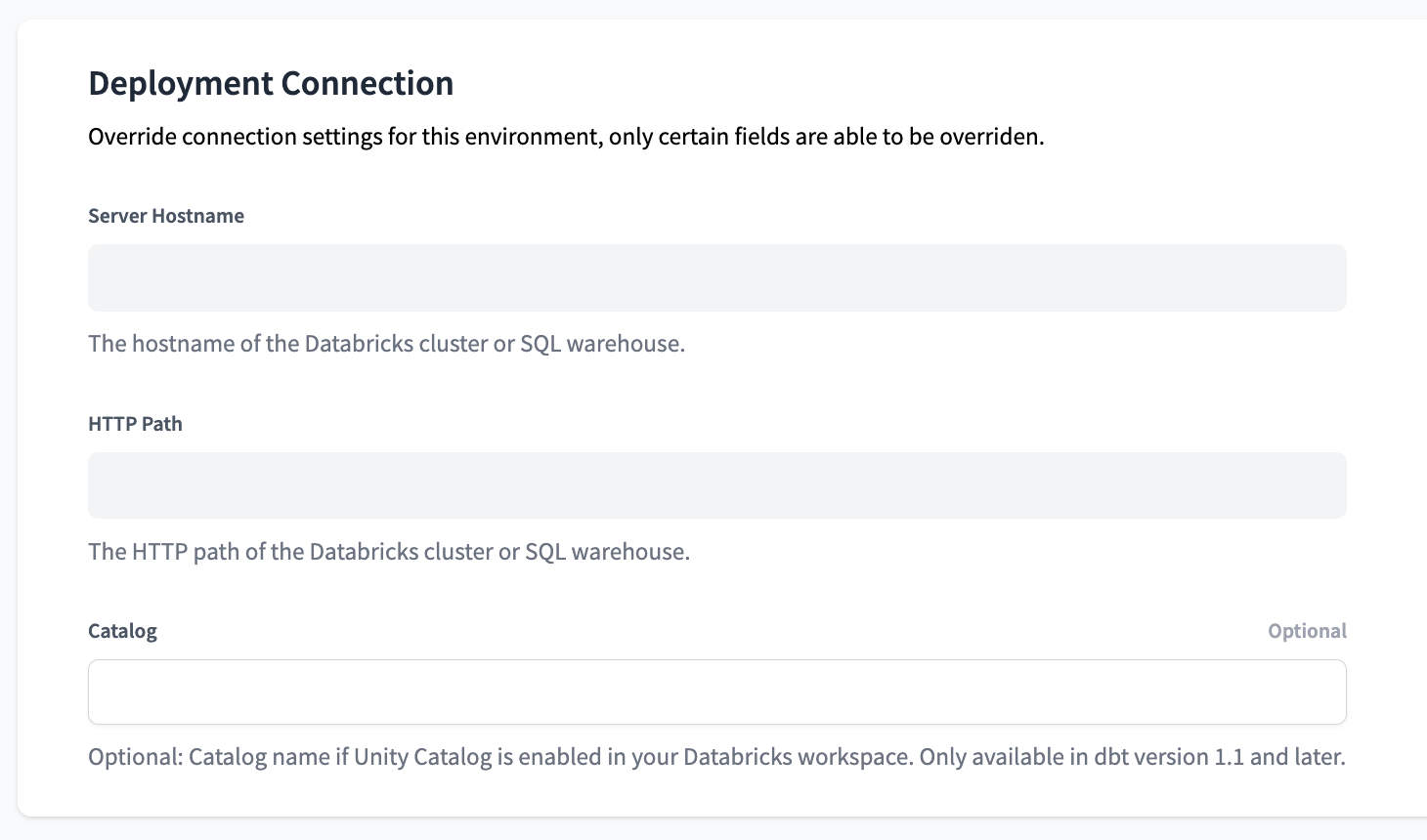 Настройки подключения для развертывания Databricks