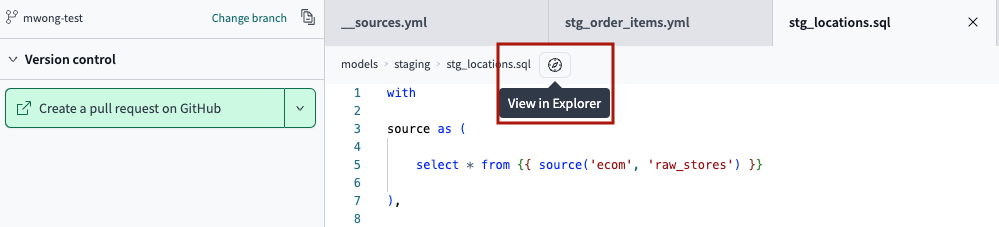 Доступ к dbt Explorer из IDE, нажав на значок 'View in Explorer' рядом с навигационной цепочкой файла.