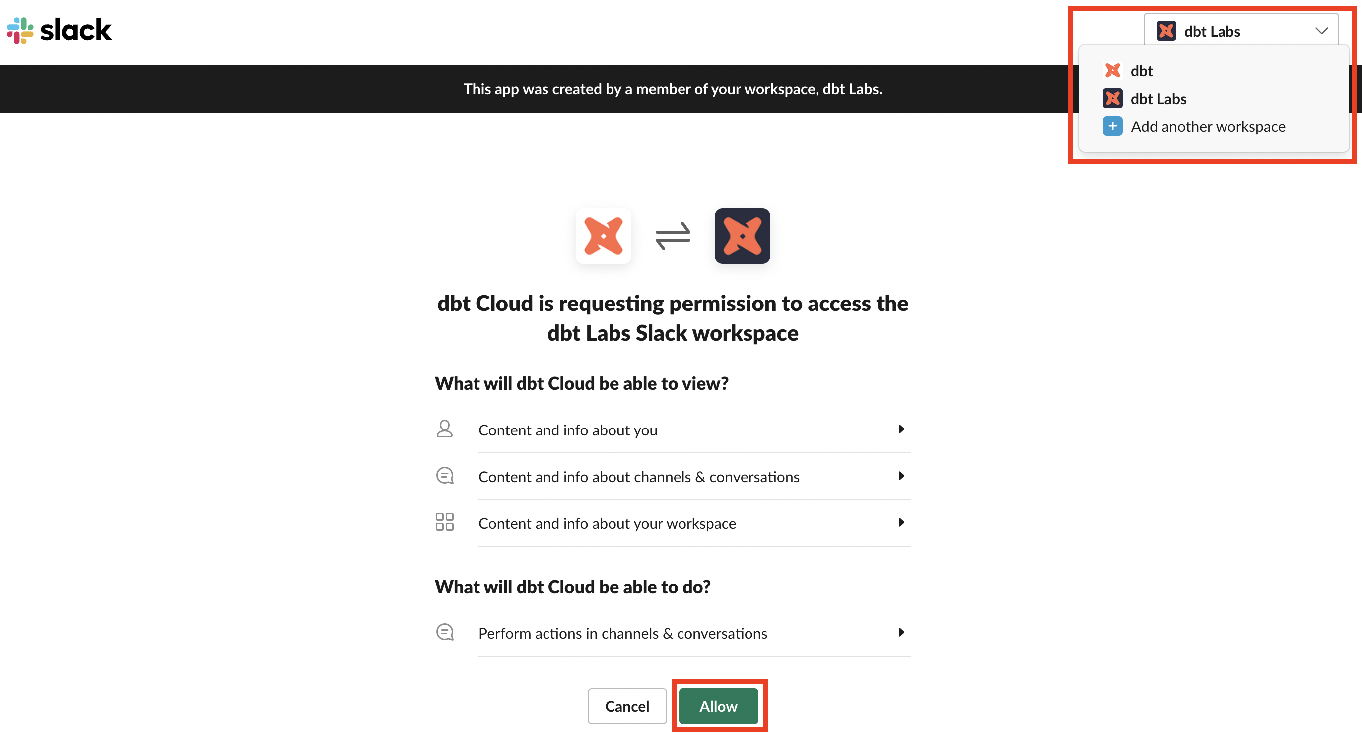 Разрешить dbt доступ к Slack Разрешить dbt доступ к Slack
