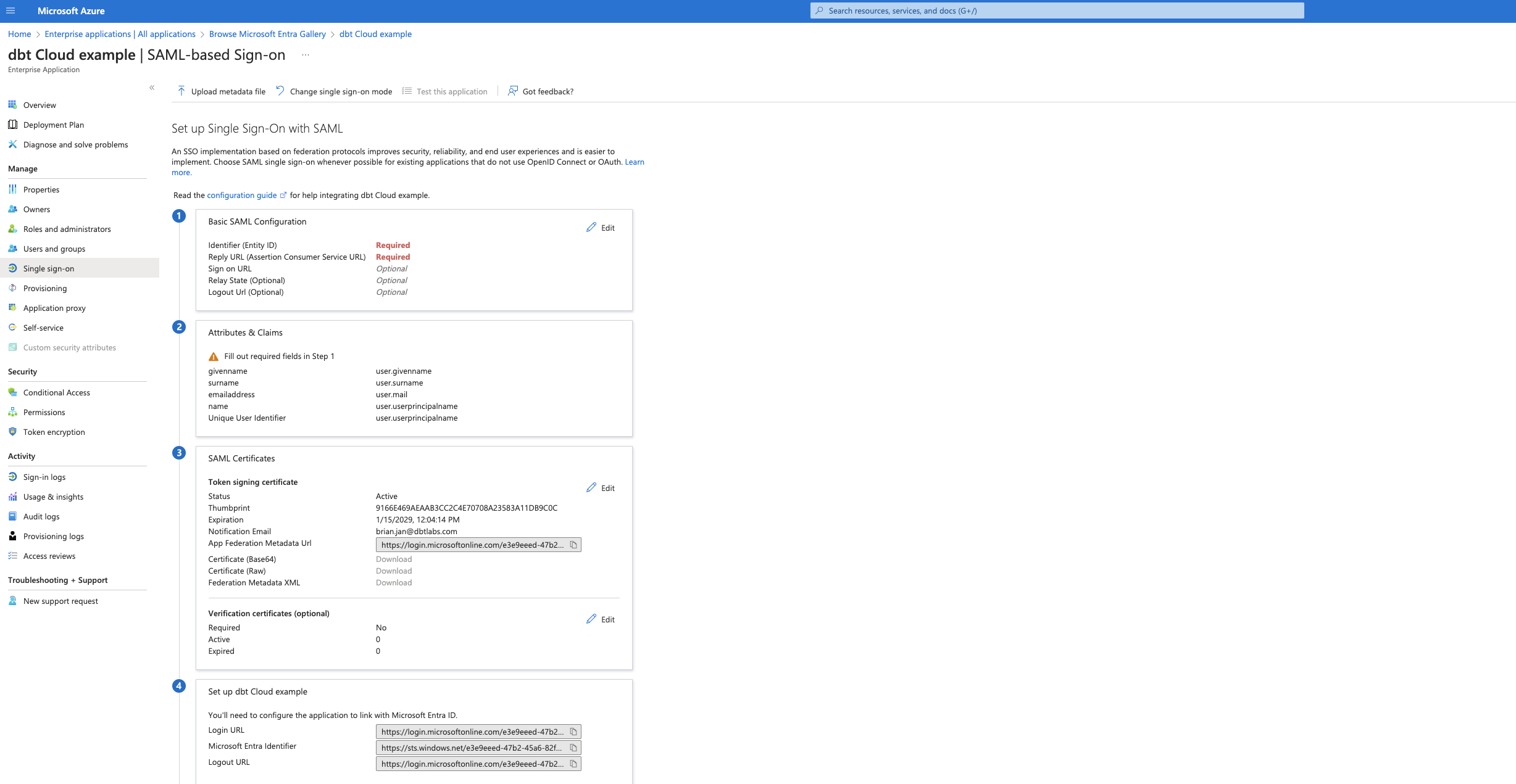 На странице 'Set up Single Sign-On with SAML' нажмите 'Edit' в карточке 'Basic SAML Configuration'