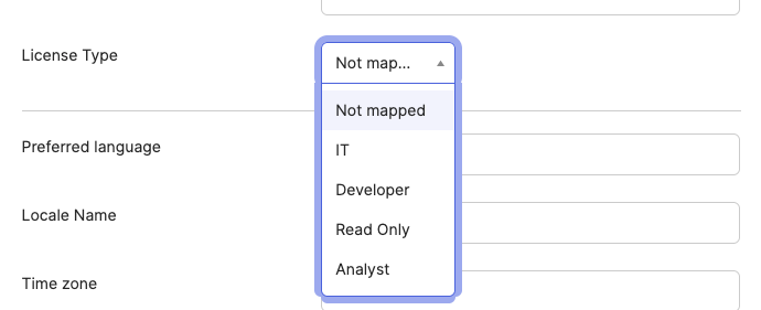 Задание типа лицензии для пользователя в профиле Okta. Задание типа лицензии для пользователя в профиле Okta.
