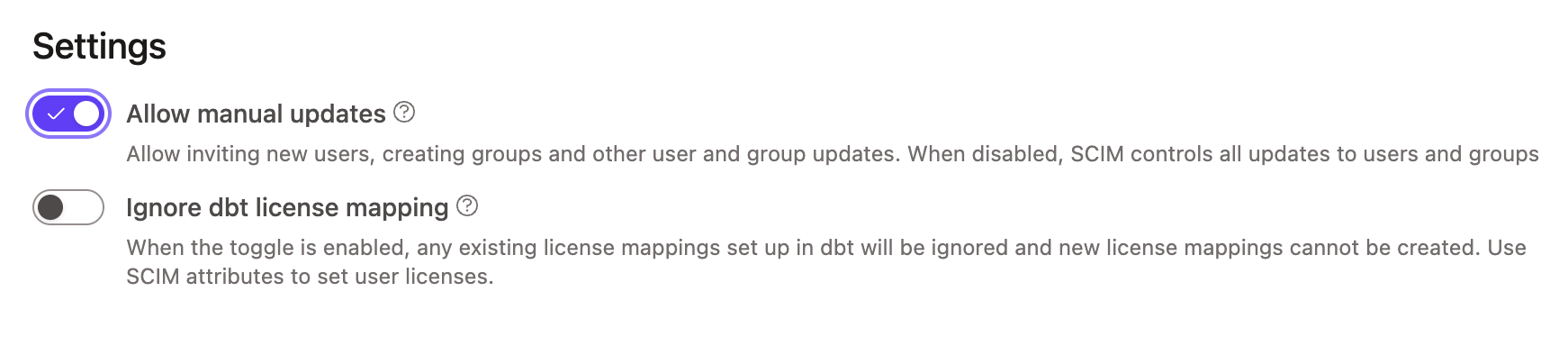 Включение ручных обновлений в настройках SCIM.