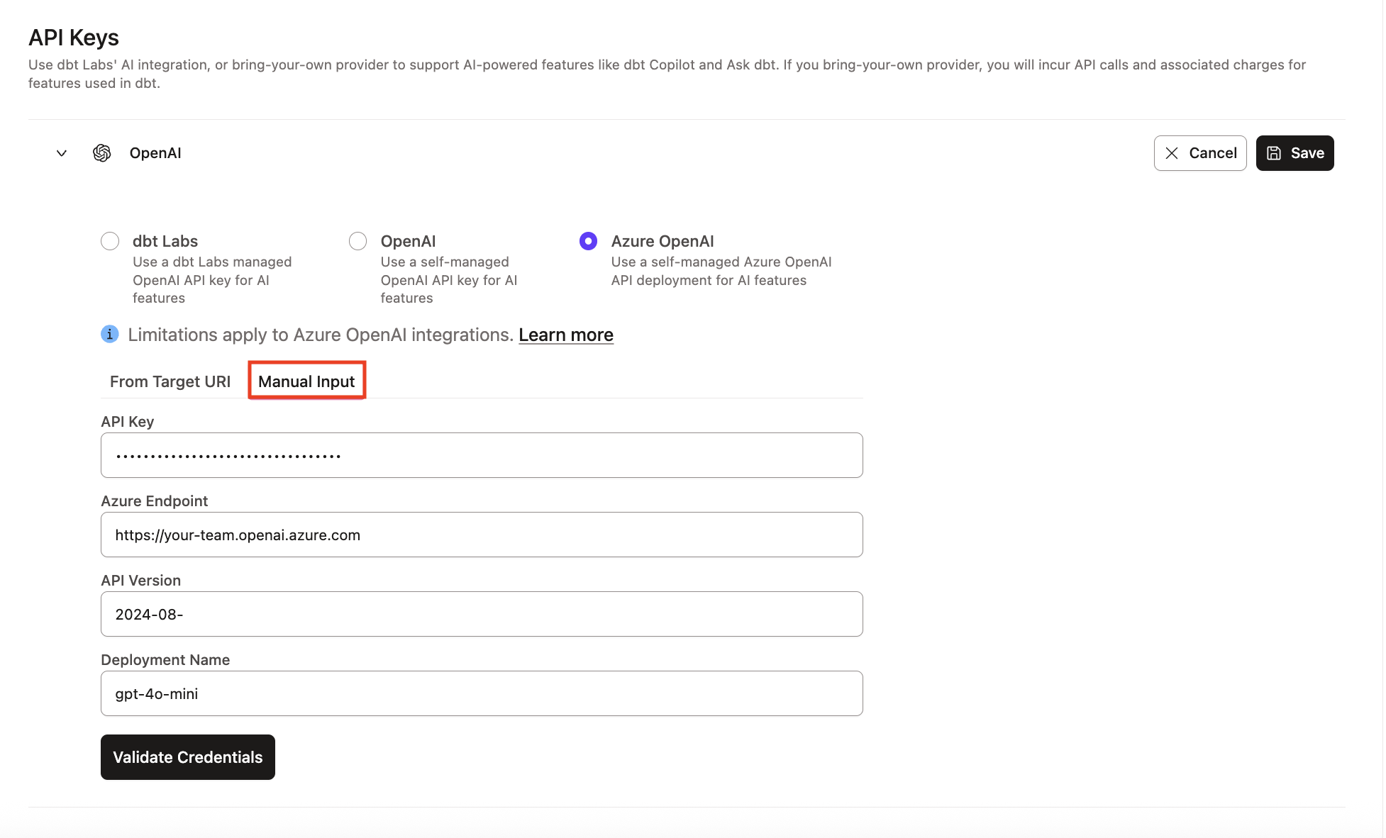 Пример раздела интеграции Azure OpenAI