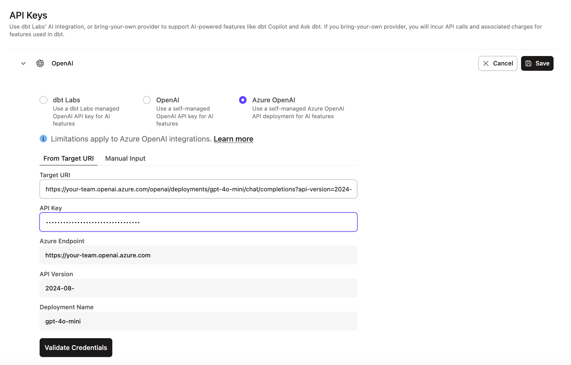 Пример раздела интеграции Azure OpenAI