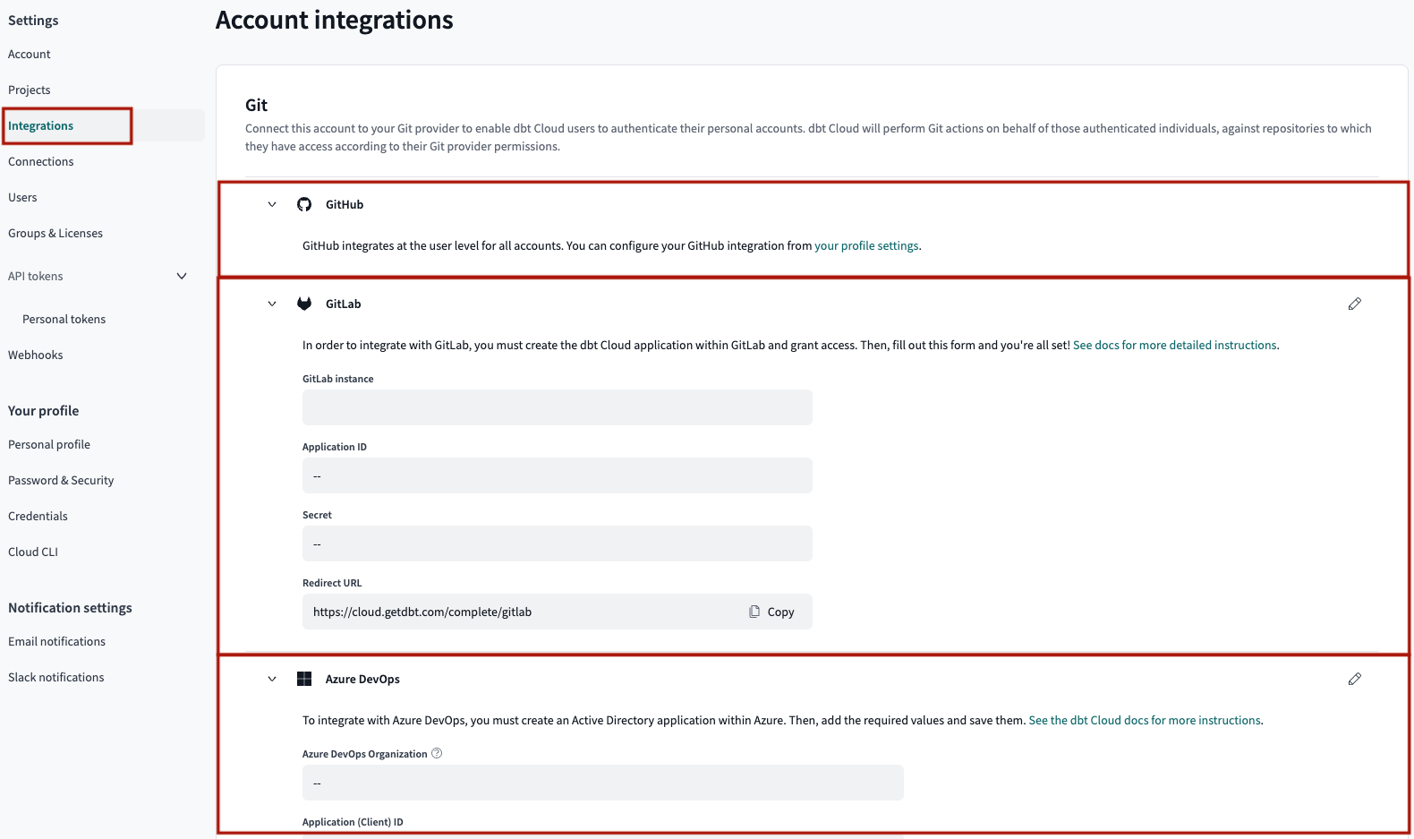 Пример страницы интеграции с Git