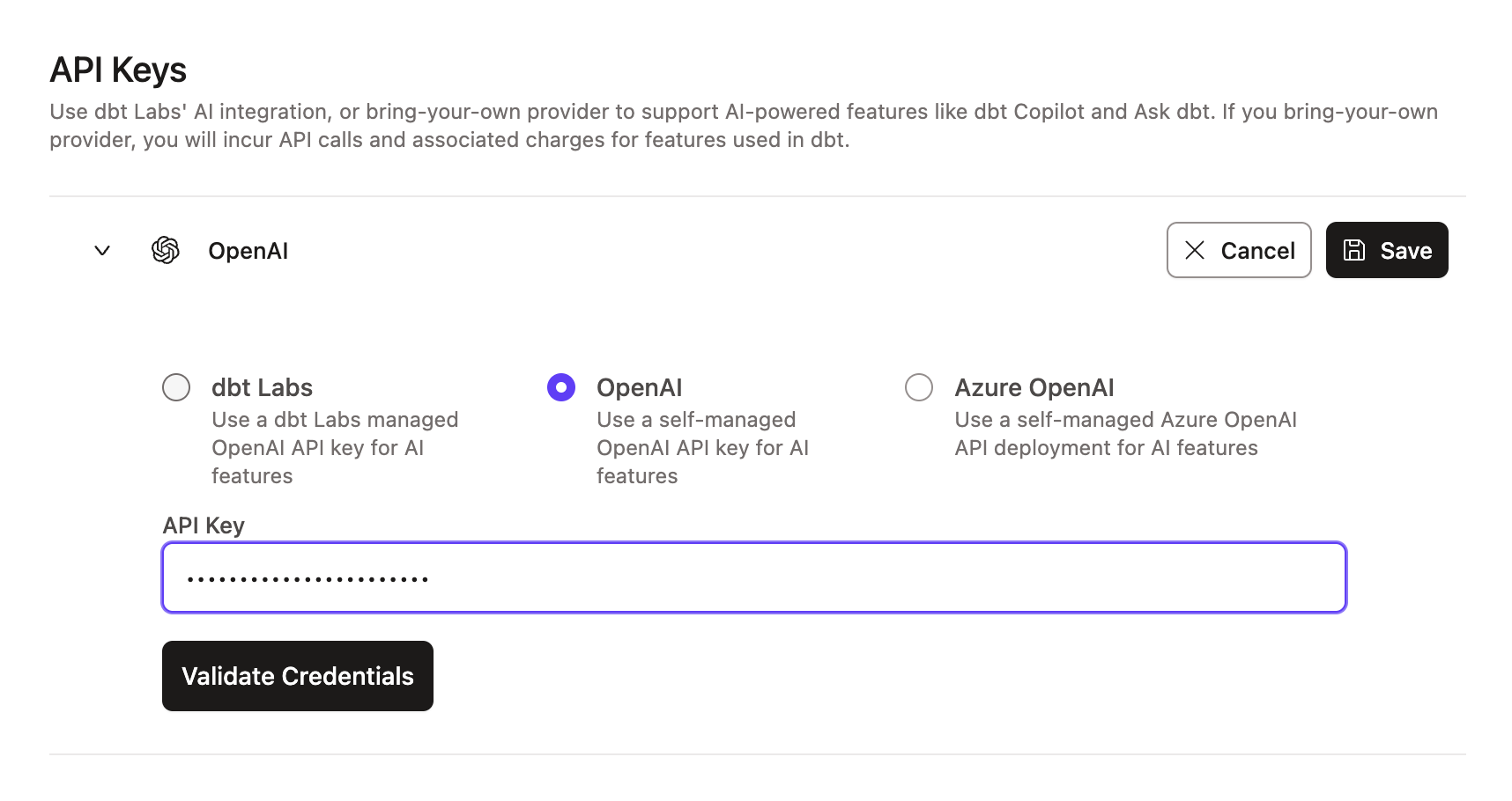 Пример страницы интеграции OpenAI