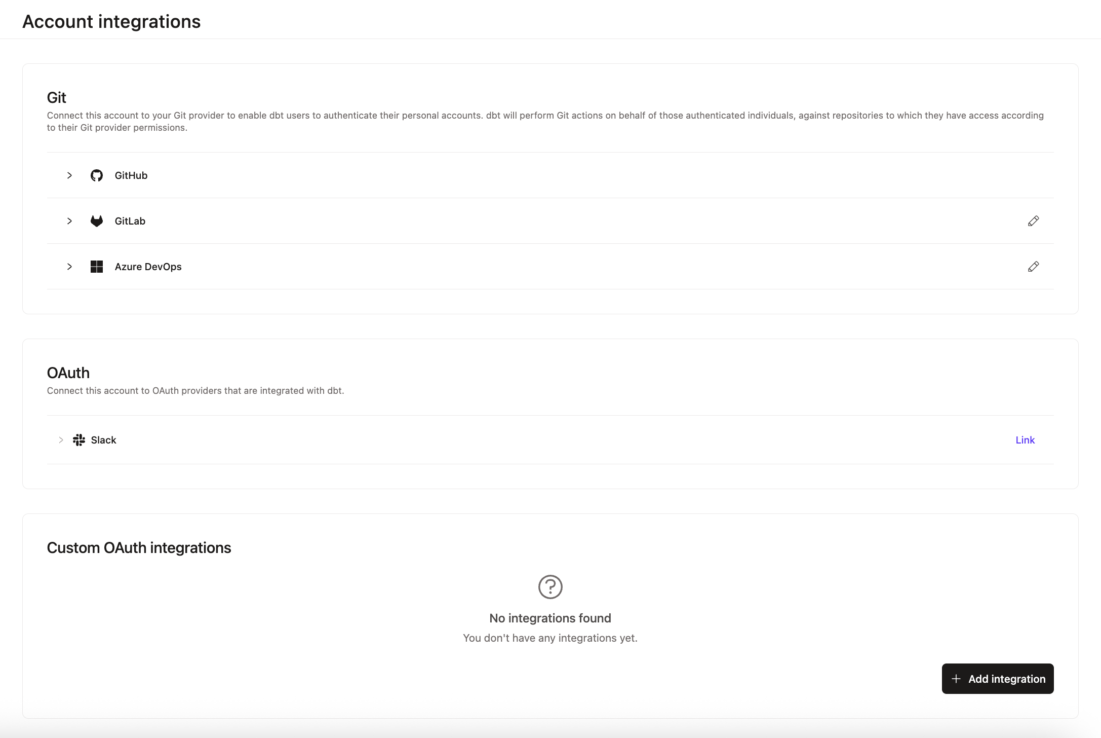 Пример раздела Account integrations в боковой панели Пример раздела Account integrations в боковой панели