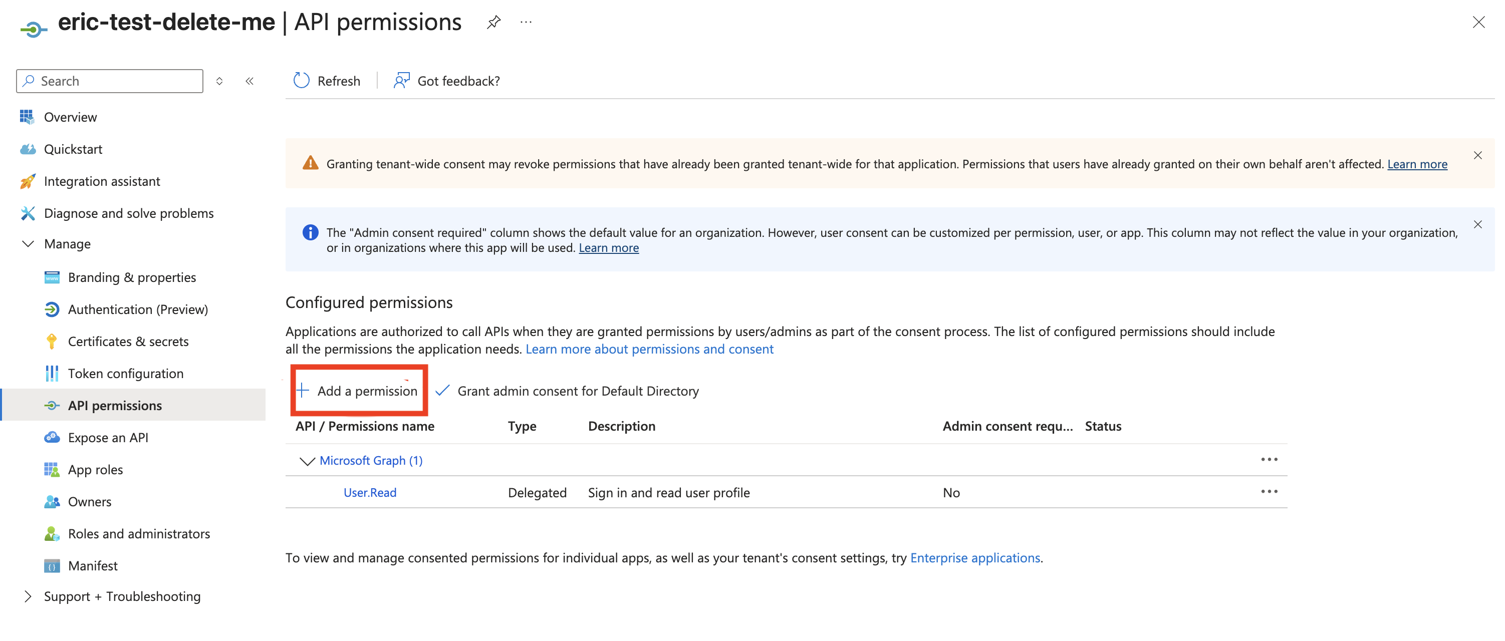 Добавление разрешений для приложения Entra ID.