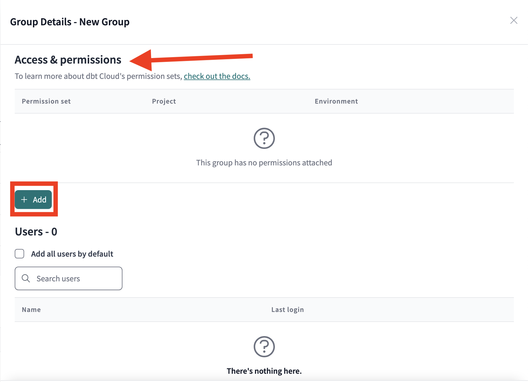 Раздел Access & permissions с выделенной кнопкой Add. Раздел Access & permissions с выделенной кнопкой Add.