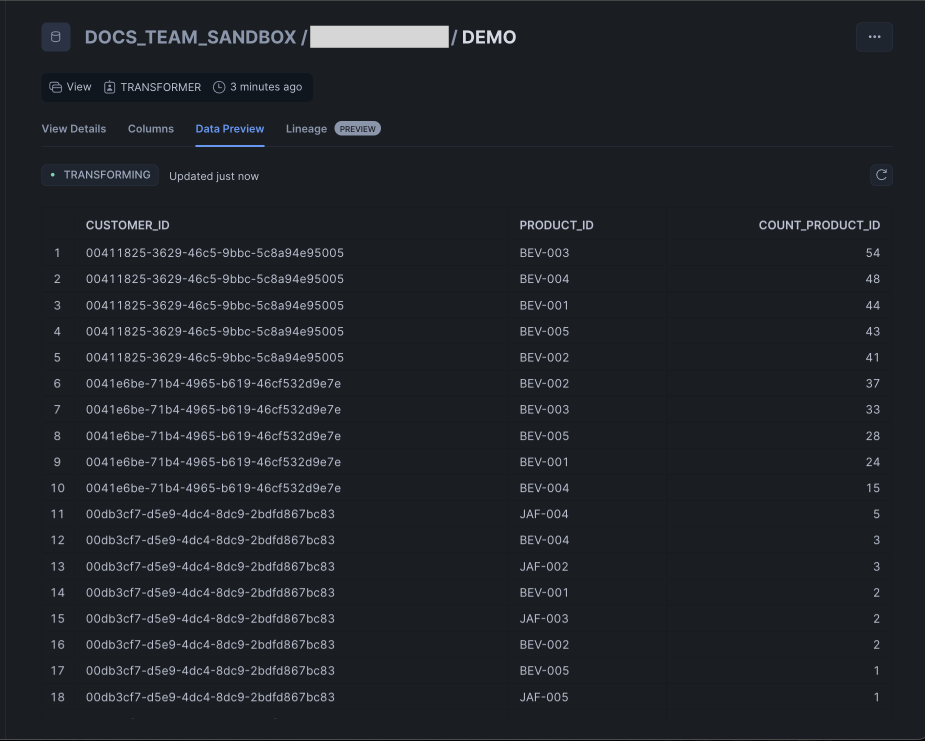 Preview трансформированных данных в Snowflake.