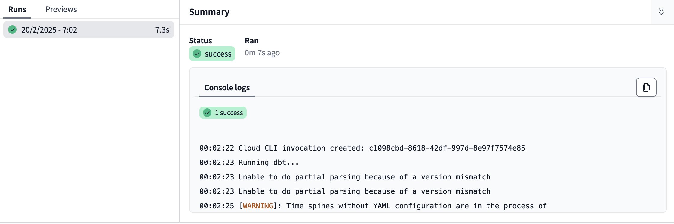 Результаты успешного run в панели 'Runs and previews'. Результаты успешного run в панели 'Runs and previews'.
