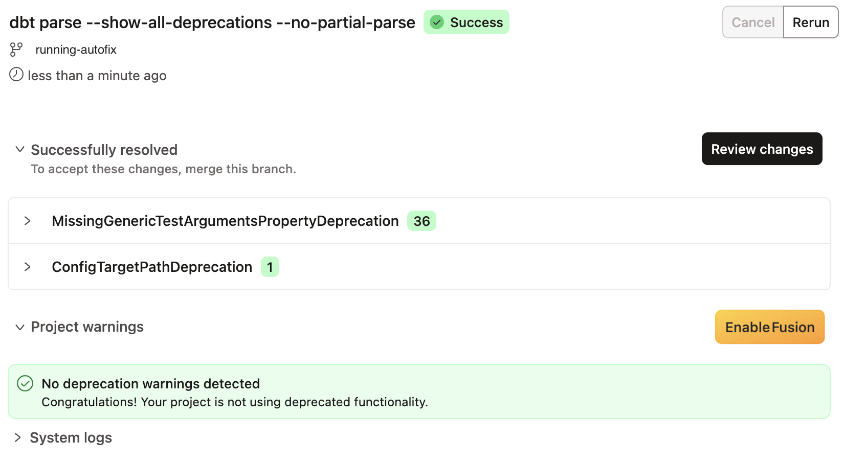 Сообщение об успешном устранении депрекейтов