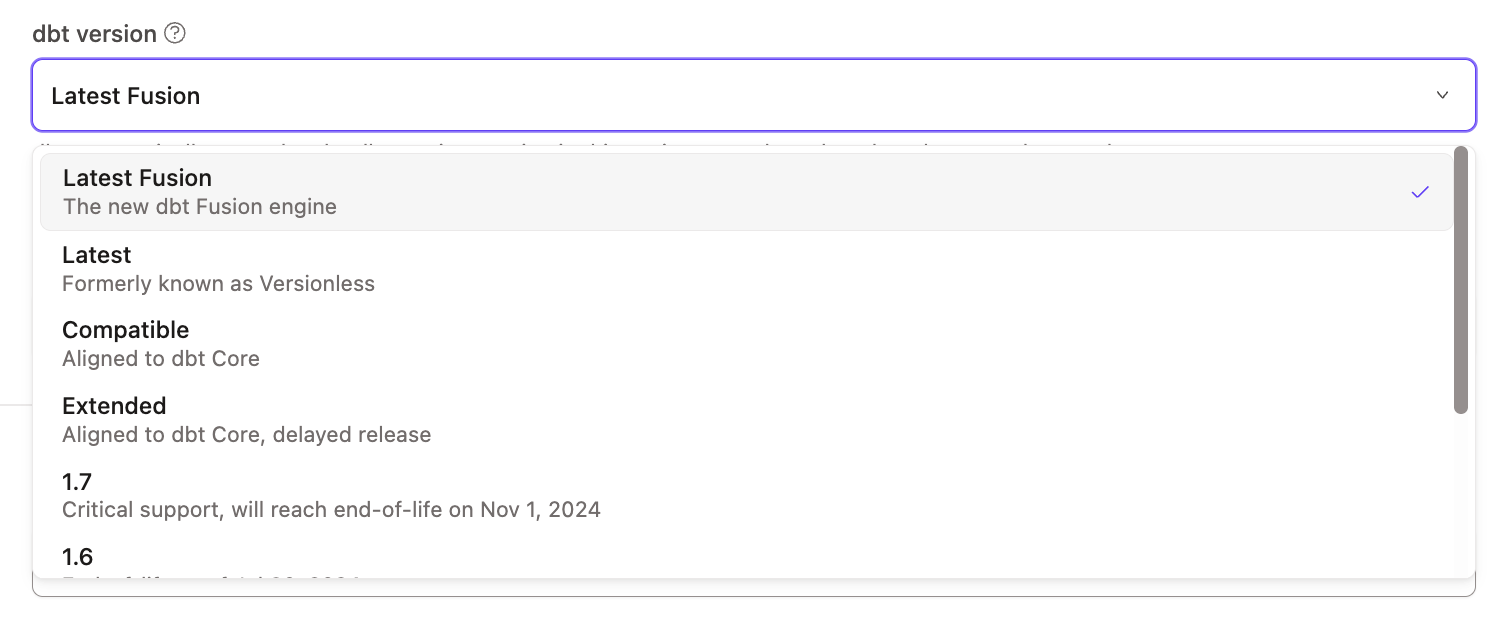 Выберите Latest Fusion в выпадающем списке dbt version Выберите Latest Fusion в выпадающем списке dbt version