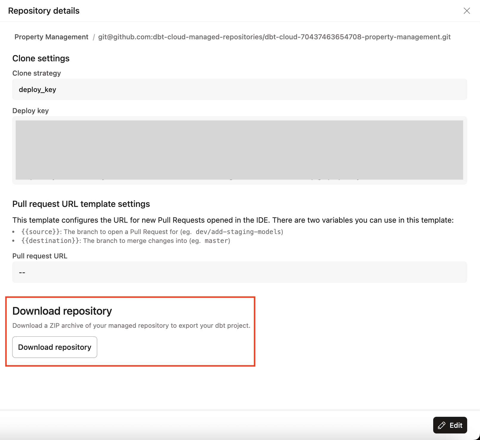 Кнопка загрузки для управляемого репозитория.