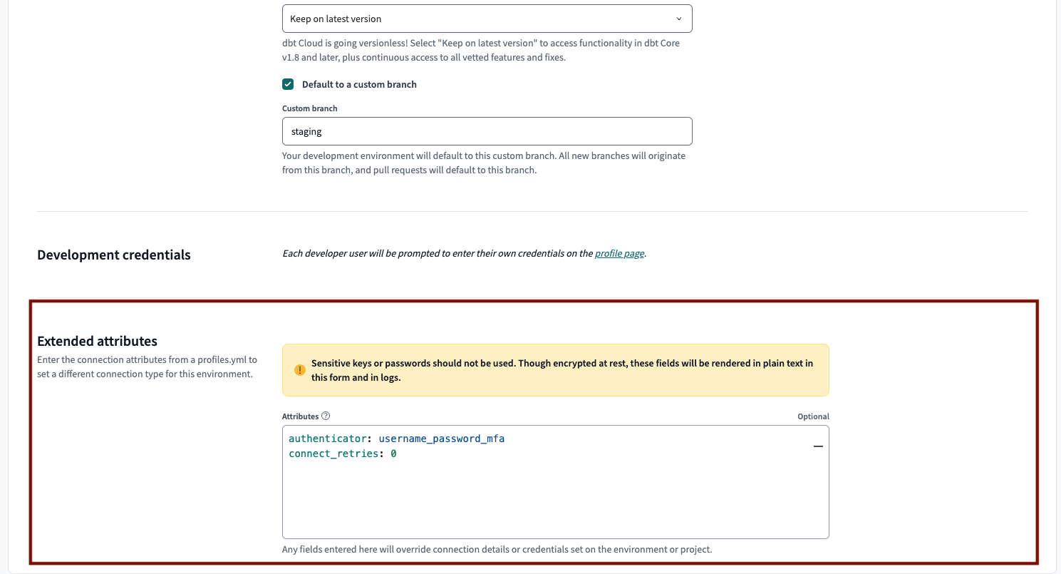 Настройка имени пользователя и пароля MFA, а также connect_retries в настройках среды разработки.