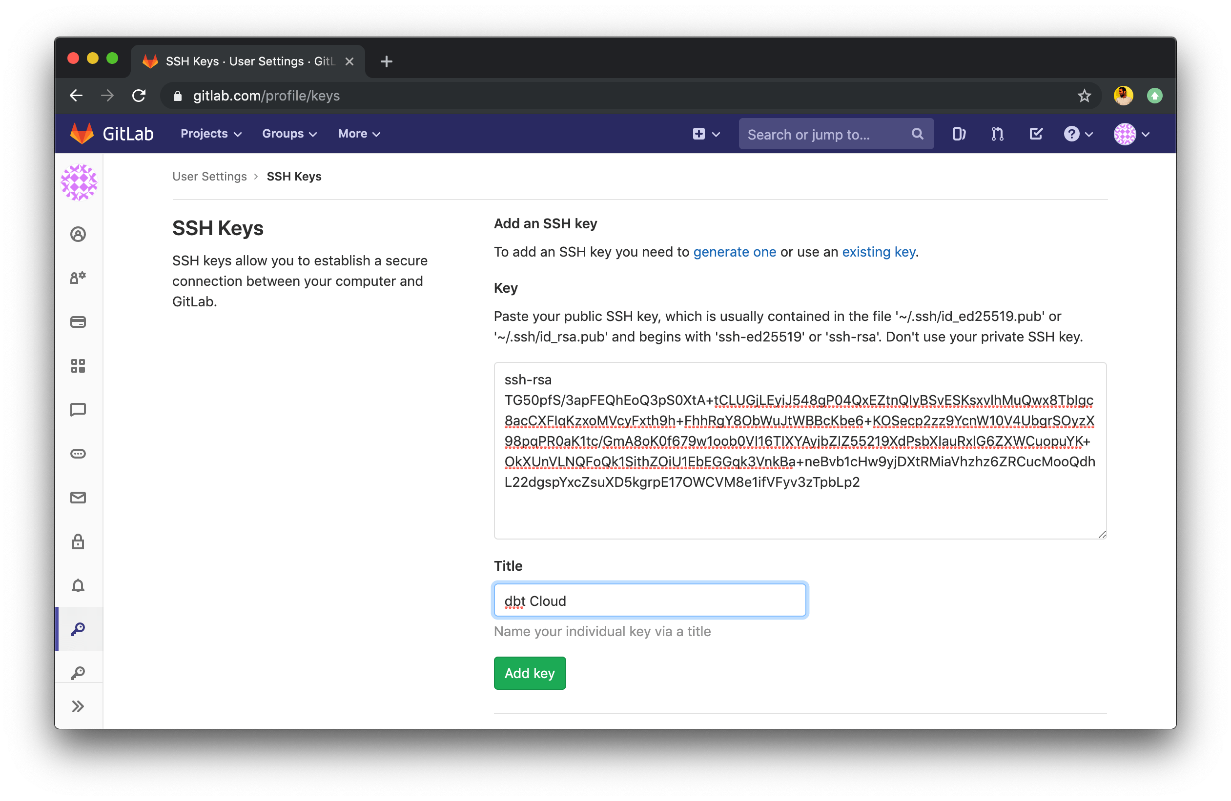 Настройка SSH-ключа GitLab Настройка SSH-ключа GitLab