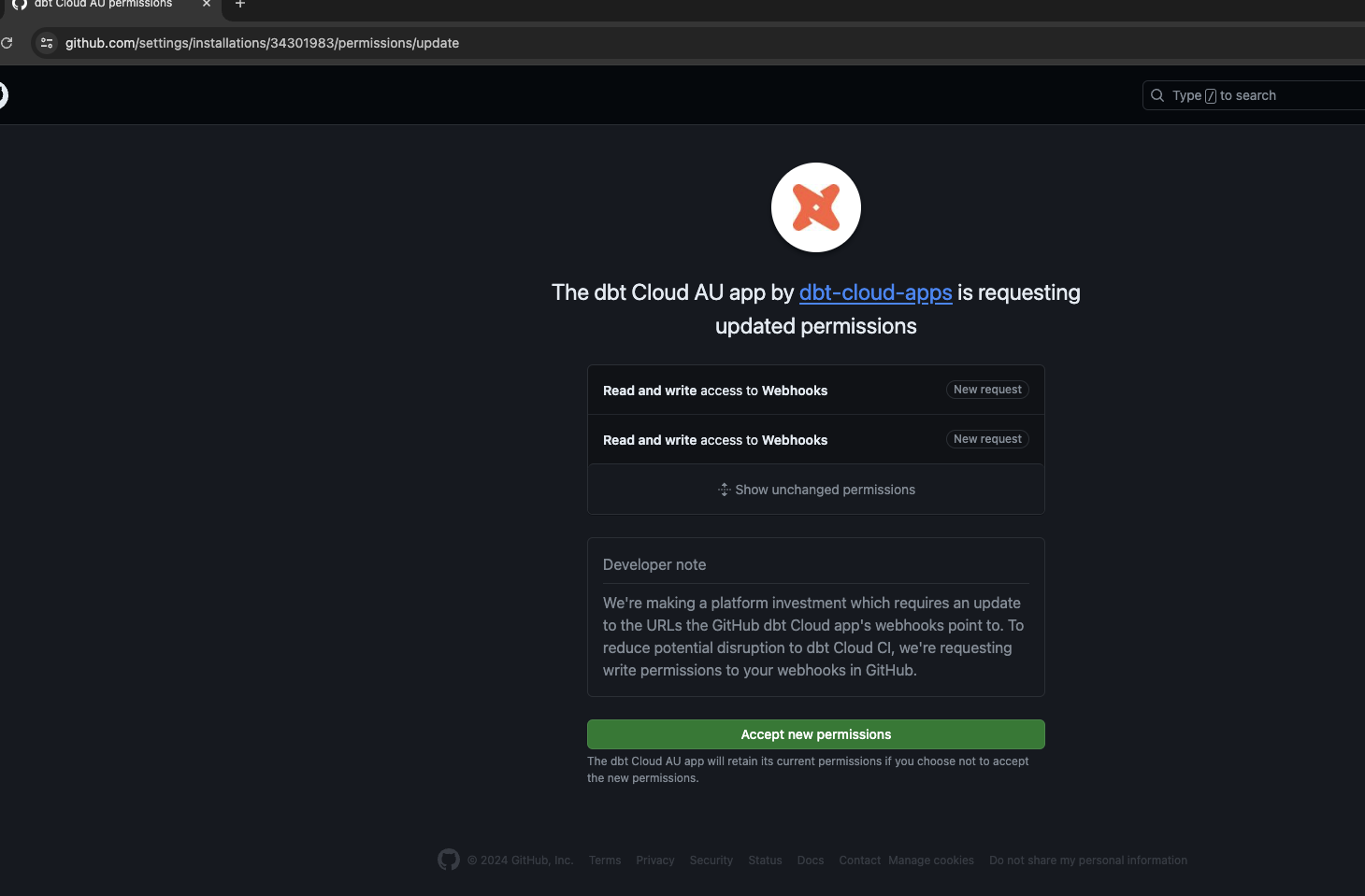 Предоставьте доступ к приложению dbt Cloud, приняв новые разрешения. Предоставьте доступ к приложению dbt Cloud, приняв новые разрешения.