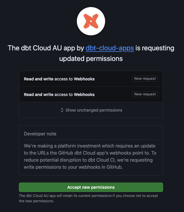 Предоставьте доступ приложению dbt, приняв новые разрешения.