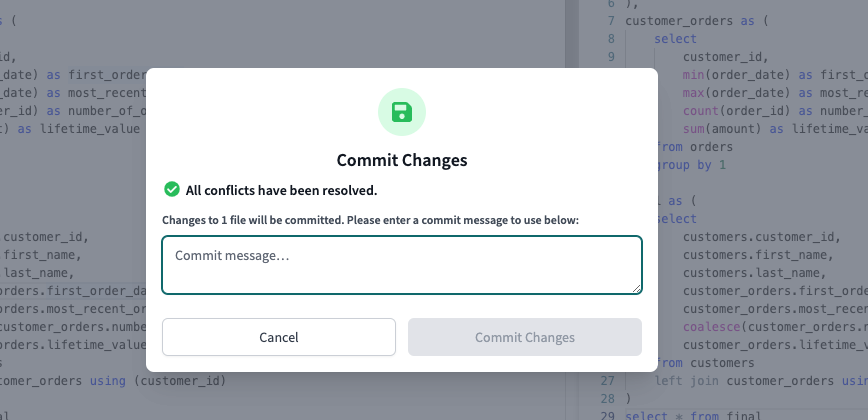 Всплывающее окно Commit Changes для фиксации ваших изменений