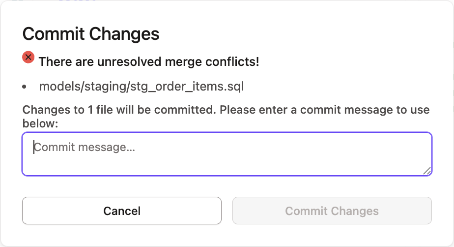 Всплывающее окно при попытке коммита без разрешения конфликта Всплывающее окно при попытке коммита без разрешения конфликта
