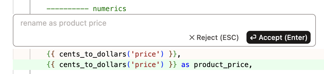Окно промпта dbt Copilot, доступное по сочетанию клавиш Cmd+B (Mac) или Ctrl+B (Windows)