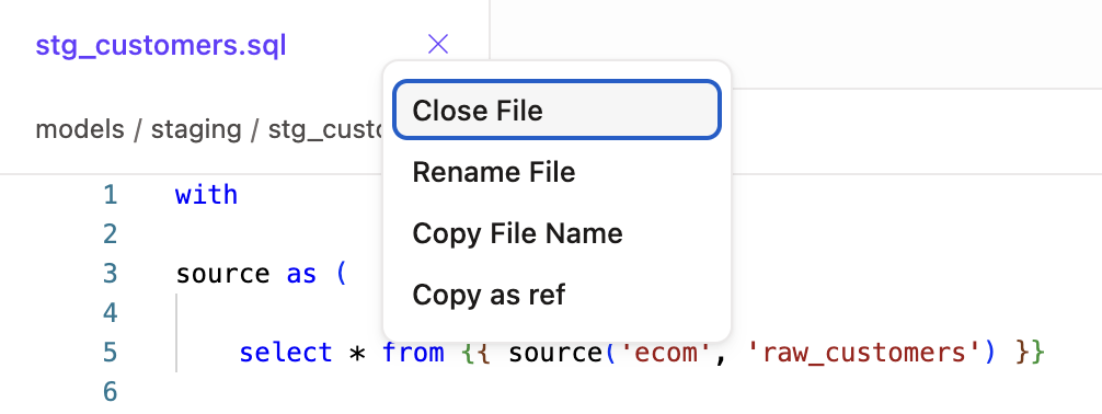 Щёлкните правой кнопкой мыши по вкладке, чтобы открыть меню вкладки редактора Щёлкните правой кнопкой мыши по вкладке, чтобы открыть меню вкладки редактора