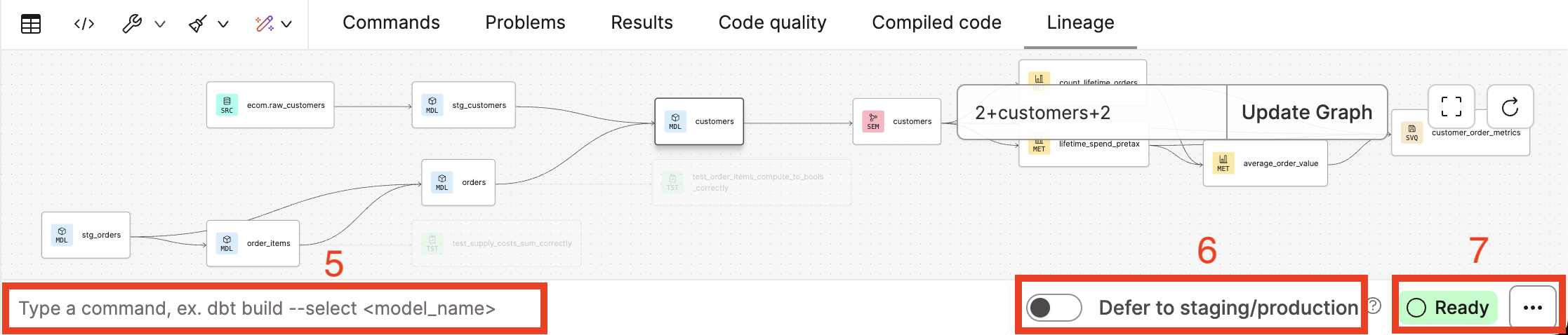 Используйте Command bar для ввода dbt-команд, переключения 'Defer' и просмотра текущего статуса IDE
