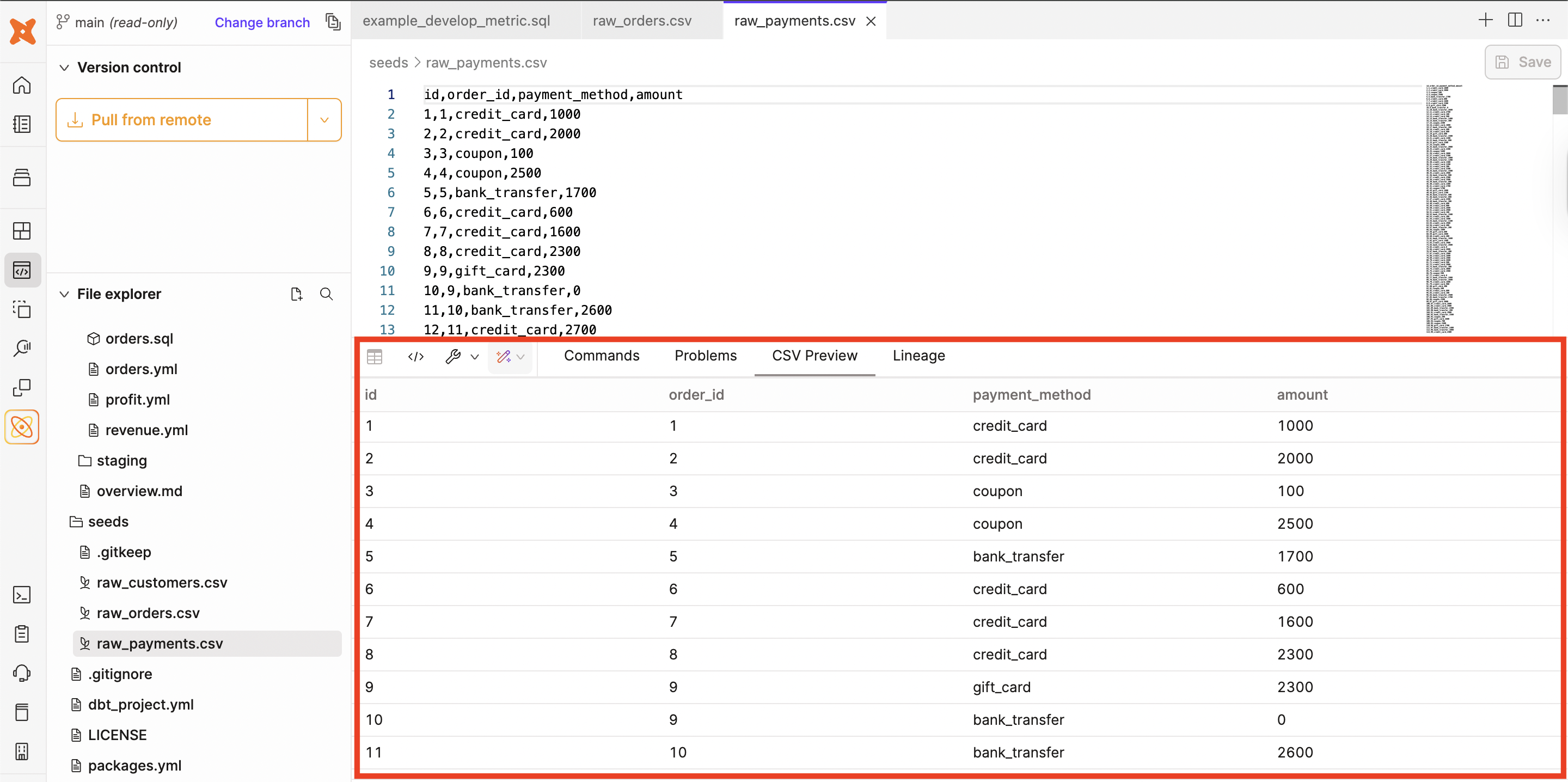 Просматривайте CSV‑данные во вкладке CSV Preview под вкладкой Editor