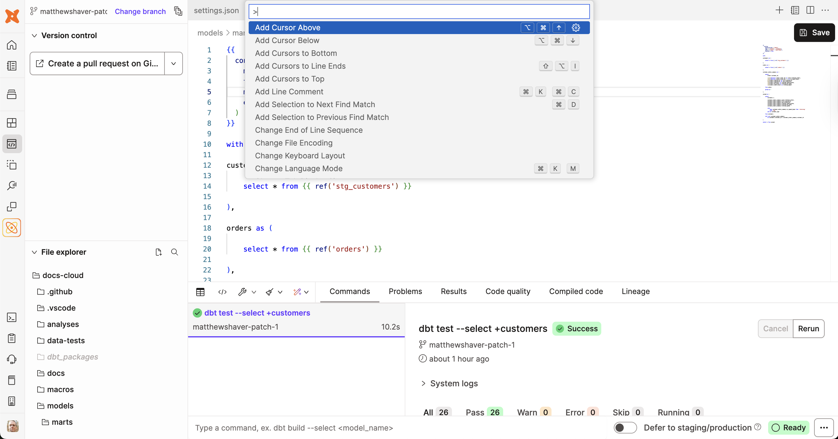 Нажмите F1, чтобы открыть меню dbt Editor Command Palette с сочетаниями клавиш Нажмите F1, чтобы открыть меню dbt Editor Command Palette с сочетаниями клавиш