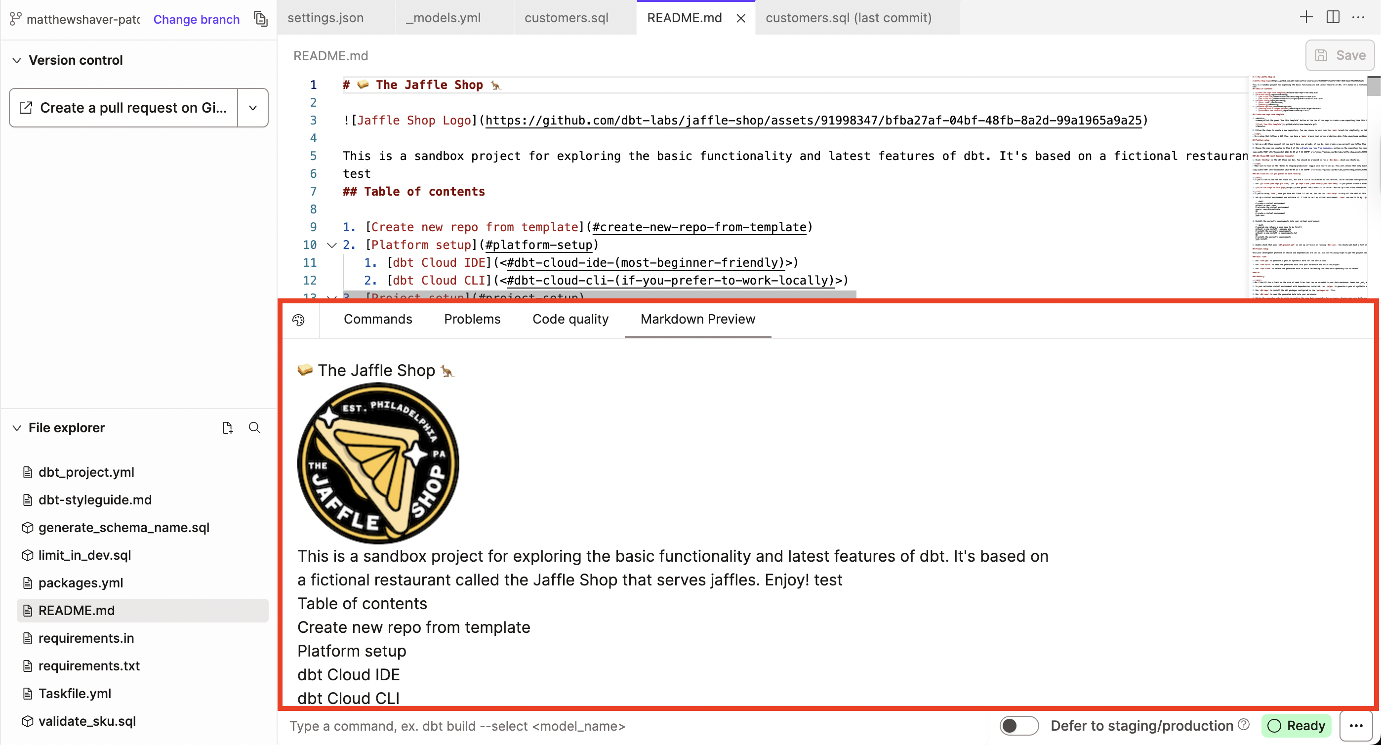 Вкладка Markdown Preview отображает отрендеренный markdown под вкладкой Editor