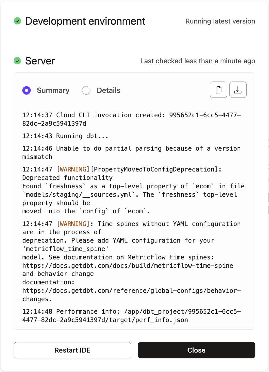 Command History отображает логи и детали всех dbt‑вызовов Command History отображает логи и детали всех dbt‑вызовов
