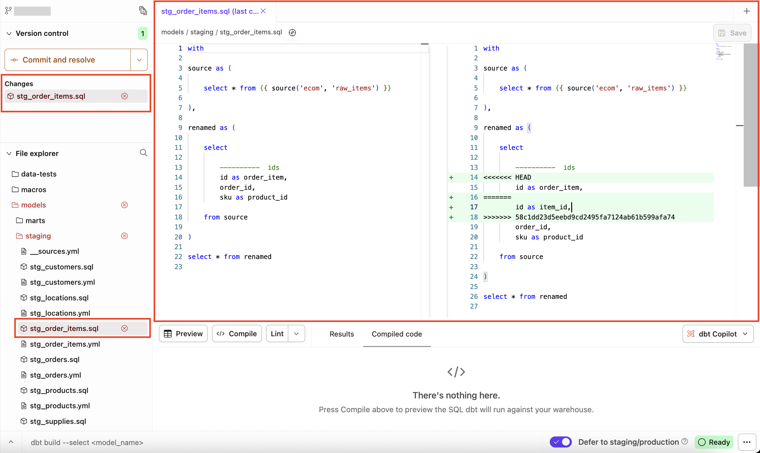 Конфликтующий участок, который необходимо разрешить, будет подсвечен