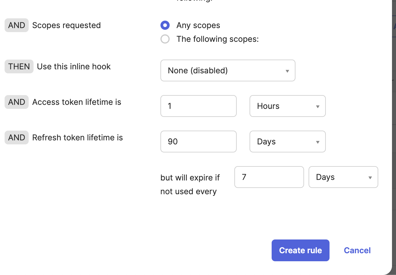 Настройки времени жизни токена в окне правила API