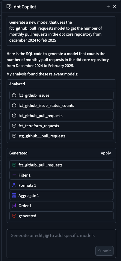 Введите запрос в поле запроса dbt Copilot, чтобы создавать модели с помощью естественного языка Введите запрос в поле запроса dbt Copilot, чтобы создавать модели с помощью ест�ественного языка