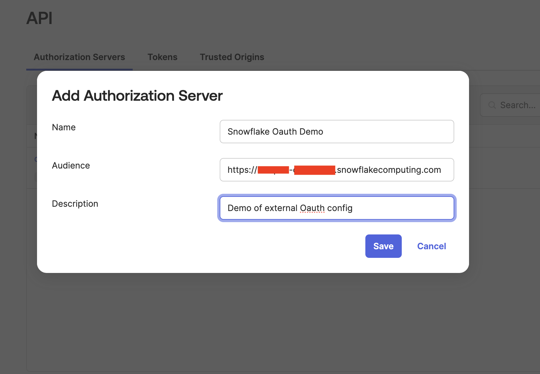 Окно API Okta со значением Audience, установленным на URL Snowflake