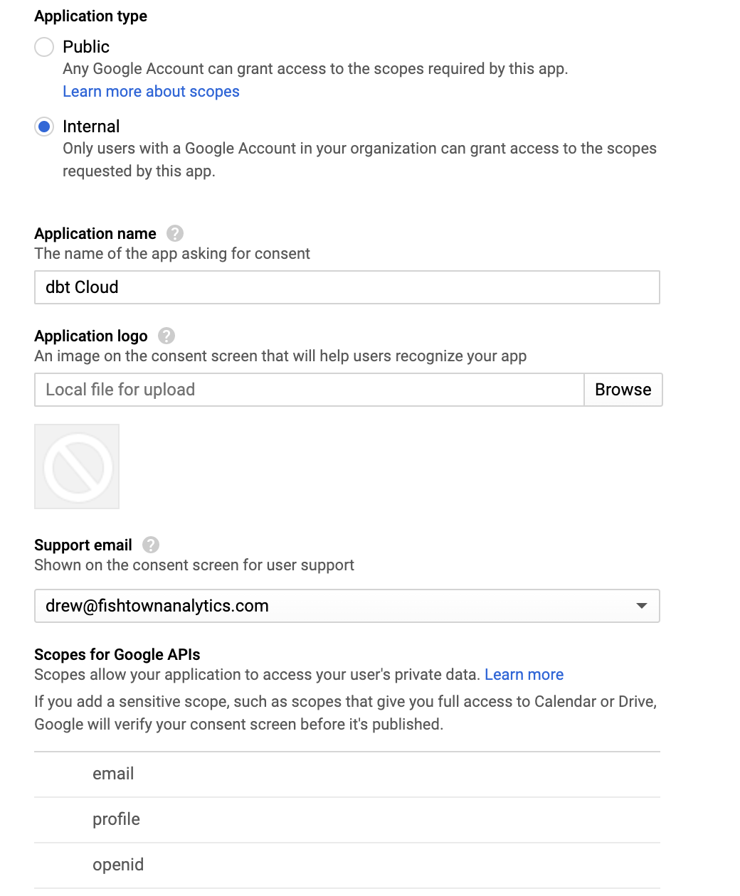 Конфигурация экрана согласия GSuite Конфигурация экрана согласия GSuite
