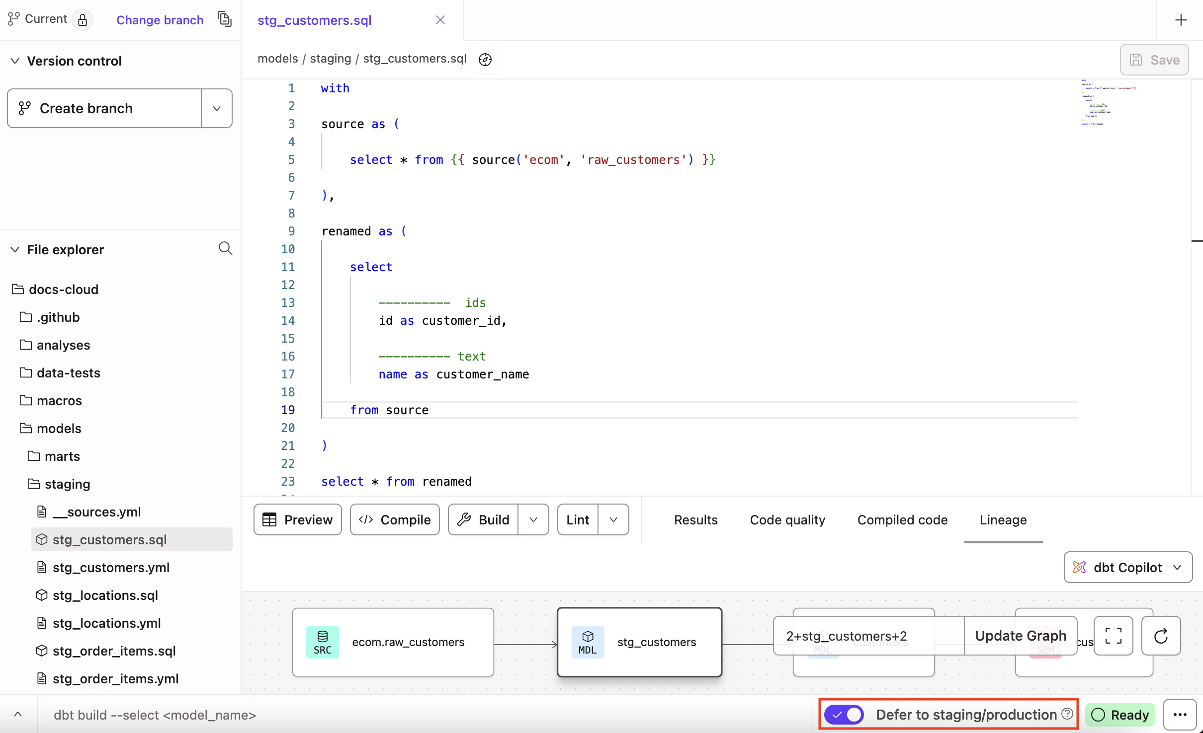 Выберите переключатель «Defer to production» в правом нижнем углу командной панели, чтобы включить defer в Studio IDE. Выберите переключатель «Defer to production» в правом нижнем углу командной панели, чтобы включить defer в Studio IDE.
