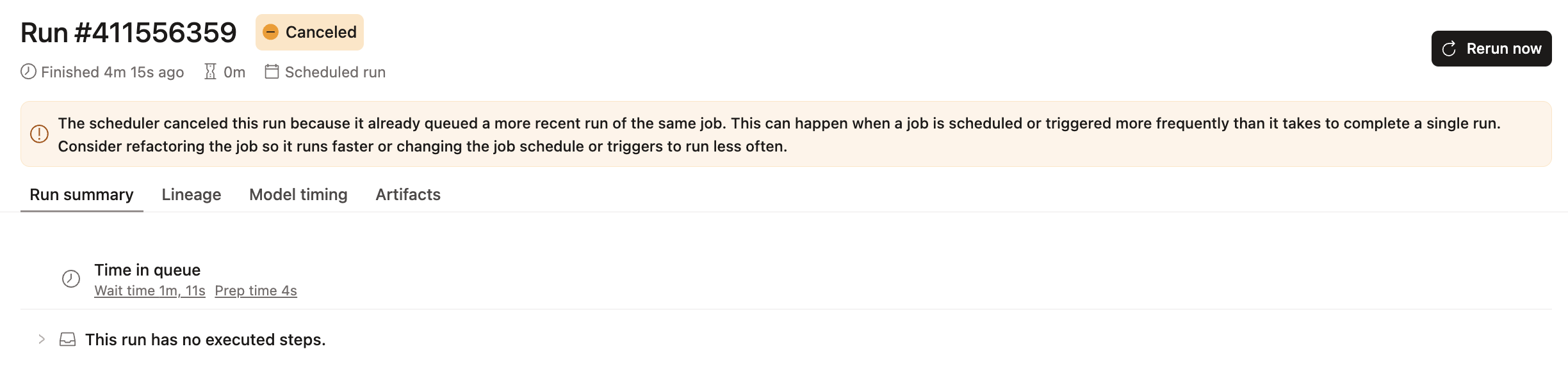 Отменённые запуски отображают сообщение об ошибке с объяснением причины отмены и рекомендациями Отменённые запуски отображают сообщение об ошибке с объяснением причины отмены и рекомендациями