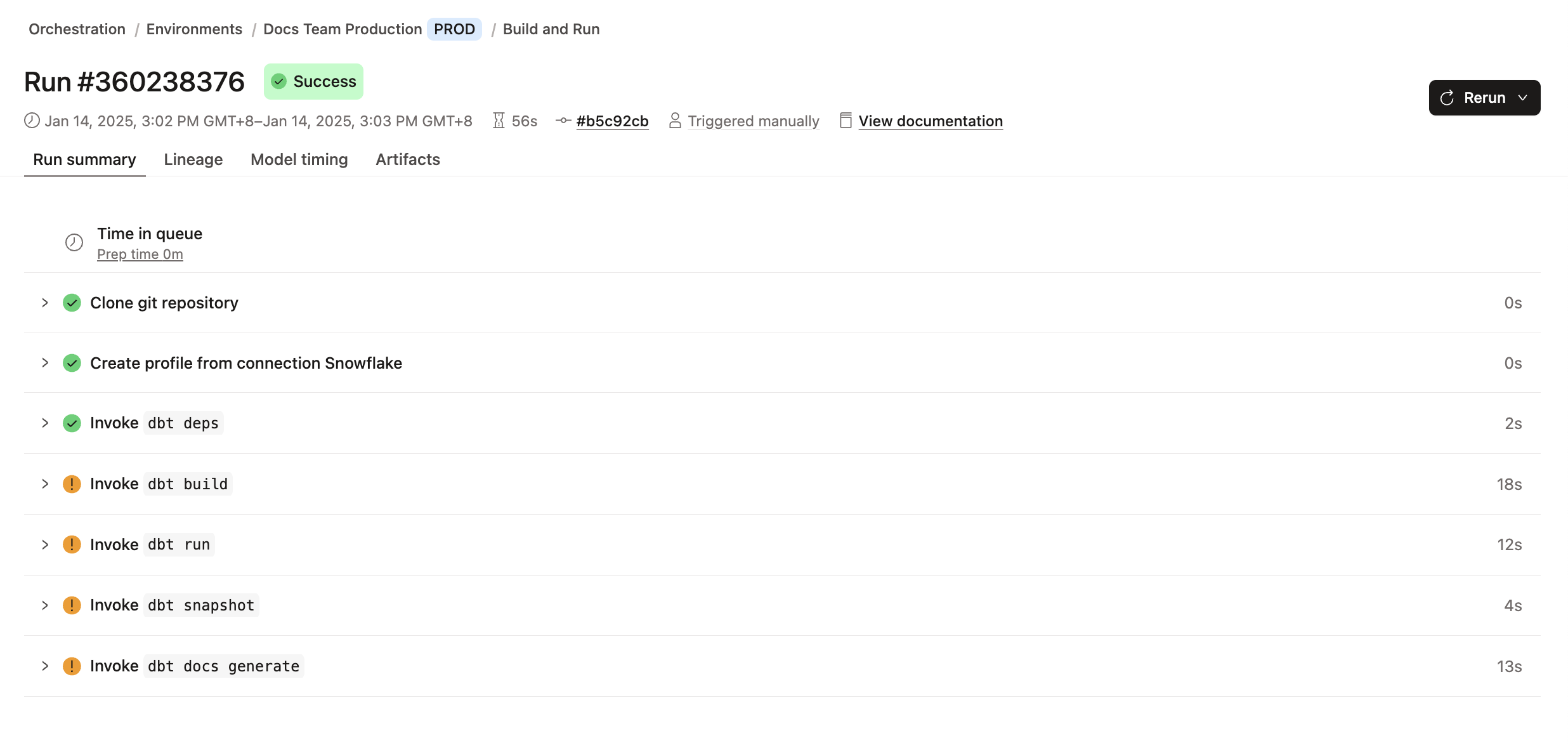 Обзор выполнения задания dbt, который включает сведения о запуске задания, тип тригге�ра, commit SHA, имя окружения, подробные шаги выполнения, логи и многое другое.