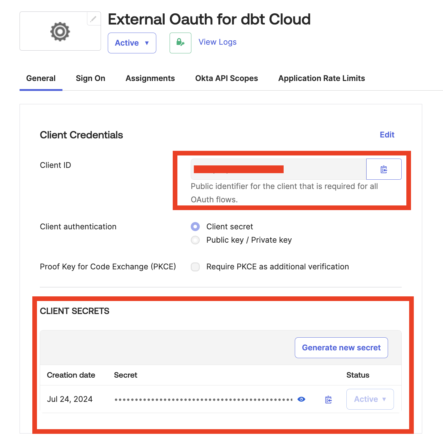 Client ID и secret, выделенные на странице приложения Okta. Client ID и secret, выделенные на странице приложения Okta.